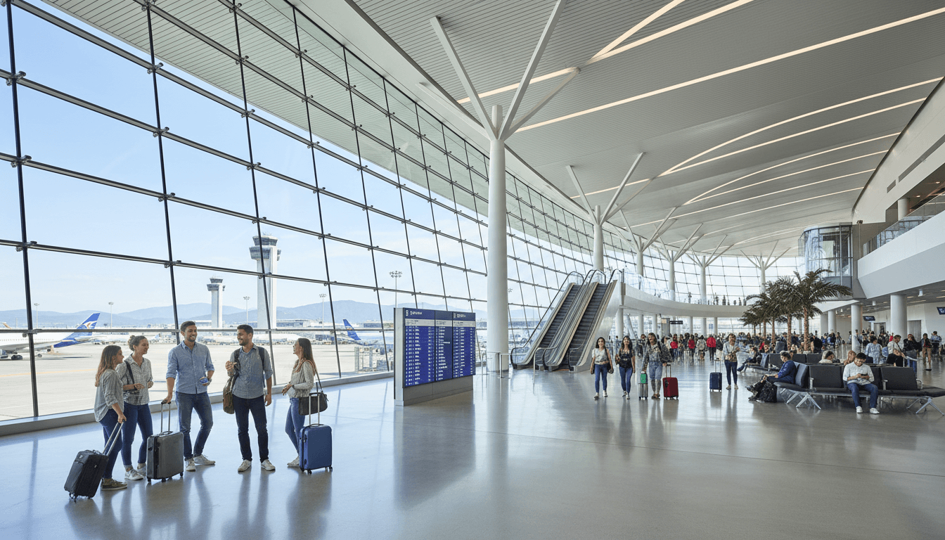 Modern airport terminal with natural light and passenger traffic